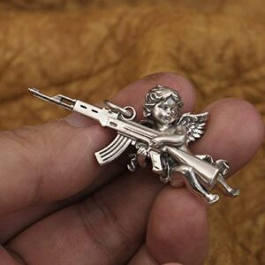 925 Sterling Silver gun and Angel Pendant Necklace ~ Peace and War Charms Pendant and SS 316 24" chain ~ guardian angel of war ✬✬✬By Fantasy World✬✬✬ (2, Silver Pendant + SS316 Chain)