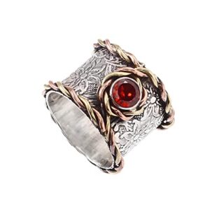 tree life garnet gemstone sterling silver ring textured meditation band handmade ring silver jewelry,gift for her (8.5)