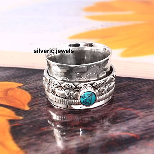 Spinner Ring Turquoise Gemstone Fidget Nature Sterling Silver Ring for Women Meditation Spinning Band Anxiety Ring (9.5)