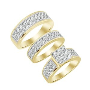 14k yellow gold over round cut white diamond 925 sterling silver diamond engagement wedding bridal trio ring set for his & her