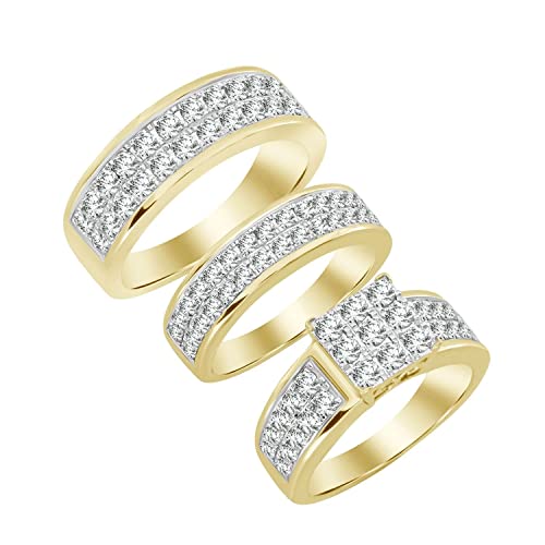 14K Yellow Gold Over Round Cut White Diamond 925 Sterling Silver Diamond Engagement Wedding Bridal Trio Ring Set for His & Her