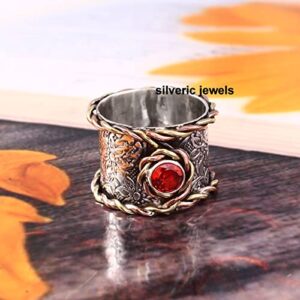 Tree life Garnet gemstone Sterling silver ring Textured Meditation band Handmade ring Silver jewelry,Gift for her (8.5)