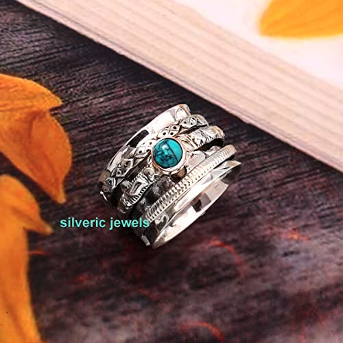 Spinner Ring Turquoise Gemstone Fidget Nature Sterling Silver Ring for Women Meditation Spinning Band Anxiety Ring (9.5)