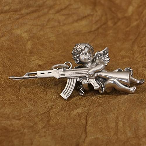 925 Sterling Silver gun and Angel Pendant Necklace ~ Peace and War Charms Pendant and SS 316 24" chain ~ guardian angel of war ✬✬✬By Fantasy World✬✬✬ (2, Silver Pendant + SS316 Chain)