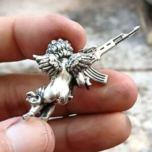 925 Sterling Silver gun and Angel Pendant Necklace ~ Peace and War Charms Pendant and SS 316 24" chain ~ guardian angel of war ✬✬✬By Fantasy World✬✬✬ (2, Silver Pendant + SS316 Chain)