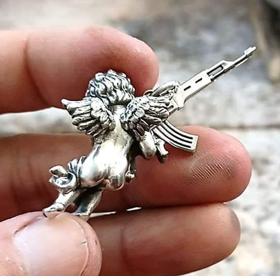 925 Sterling Silver gun and Angel Pendant Necklace ~ Peace and War Charms Pendant and SS 316 24" chain ~ guardian angel of war ✬✬✬By Fantasy World✬✬✬ (2, Silver Pendant + SS316 Chain)