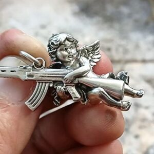 925 Sterling Silver gun and Angel Pendant Necklace ~ Peace and War Charms Pendant and SS 316 24" chain ~ guardian angel of war ✬✬✬By Fantasy World✬✬✬ (2, Silver Pendant + SS316 Chain)