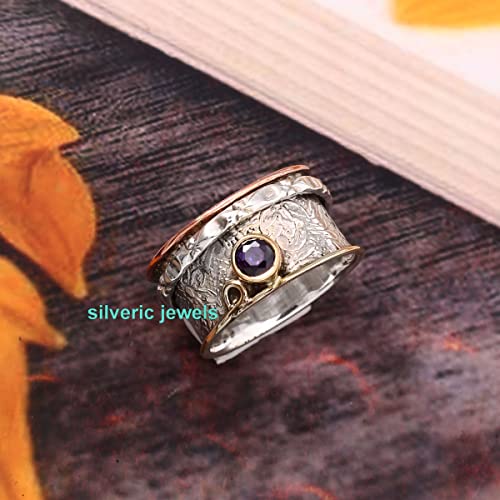 Organic Spinner ring Amethyst Gemstone Meditation All in One Spin ring Texture Spinning band Real Silver jewelry (9)