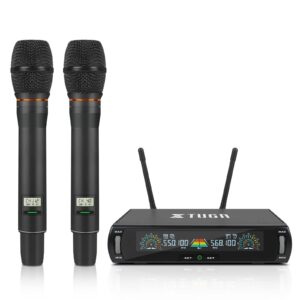 xtuga u-260 2x100 channel uhf wireless microphone system,dual wireless mics dynamic handheld microphone adjustable frequency, auto scan, 492ft for church/karaoke/weddings/events