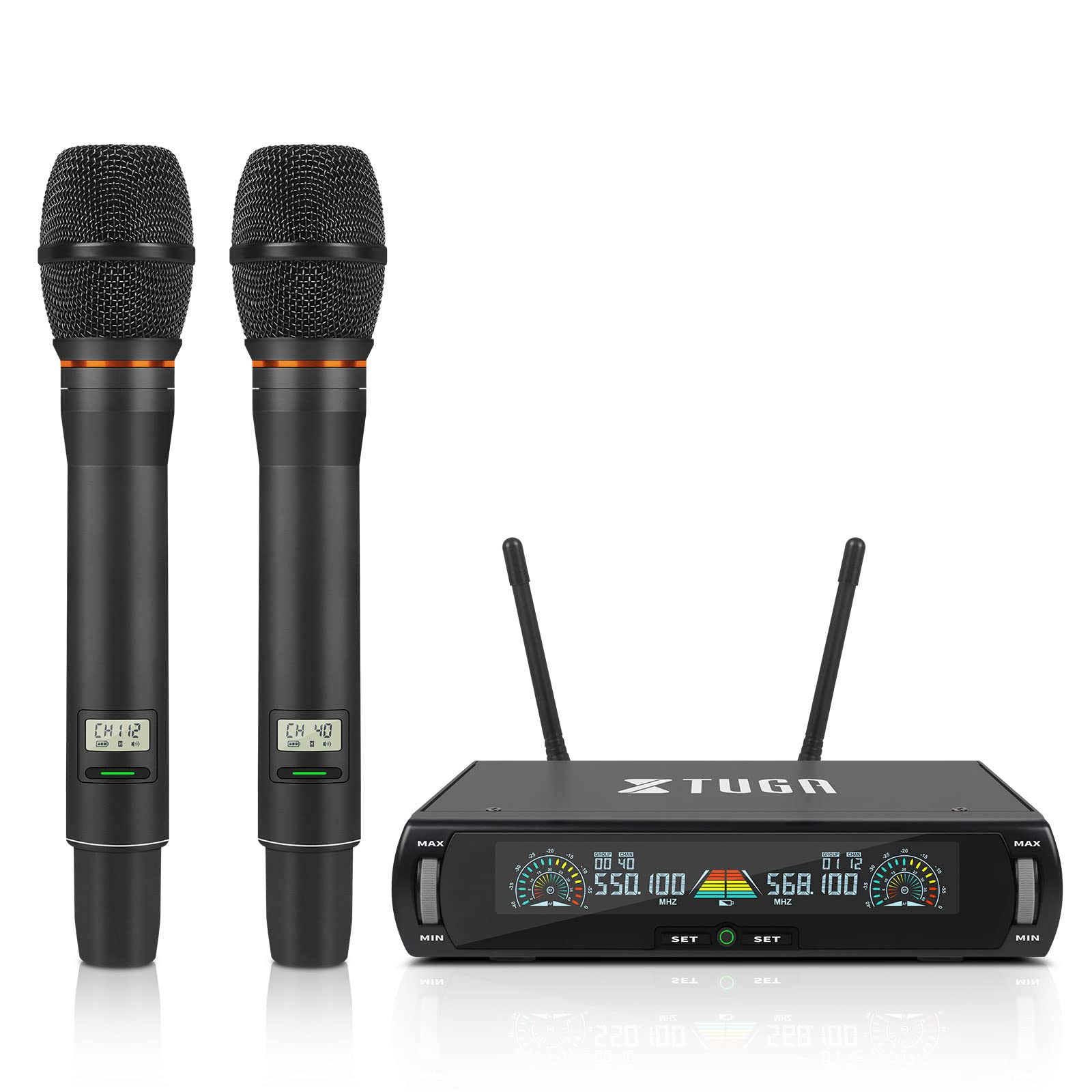 XTUGA U-260 2x100 Channel UHF Wireless Microphone System,Dual Wireless Mics Dynamic Handheld Microphone Adjustable Frequency, Auto Scan, 492ft for Church/Karaoke/Weddings/Events