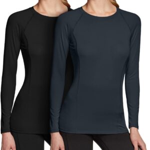 ATHLIO Women's Sports Compression Shirt, Cool Dry Fit Long Sleeve Workout Tops, Athletic Exercise Gym Yoga Shirts, 2pack Black/Charcoal, X-Large