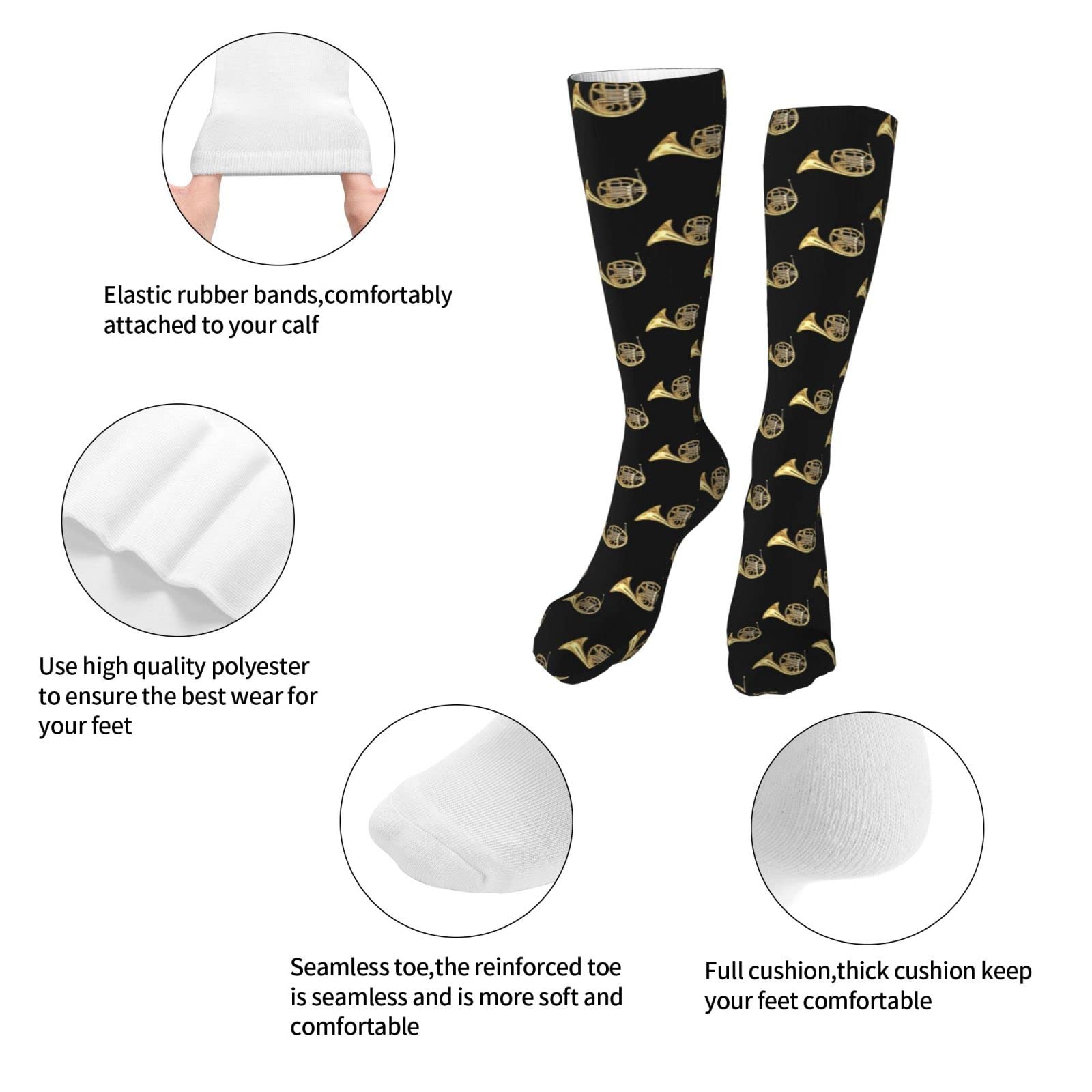 French Horn Pattern Athletic Socks For Men Women Cushion Thick Socks Daily For Running Flight Travel Mountaineering 20 In