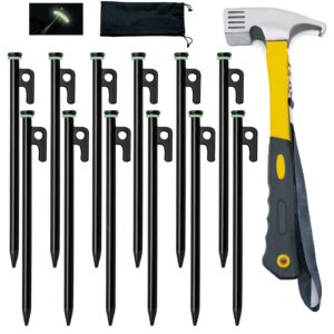 Tialero 8/12/16Pack Tent Stake with Hammer, 8/10/12/16in Heavy Duty Tent Stakes + 10in Tent Stakes Hammer+Storage Pouch, Forged Steel Tent Stakes Used on Rocks (12 Pack 10in Tent Stakes+Hammer)