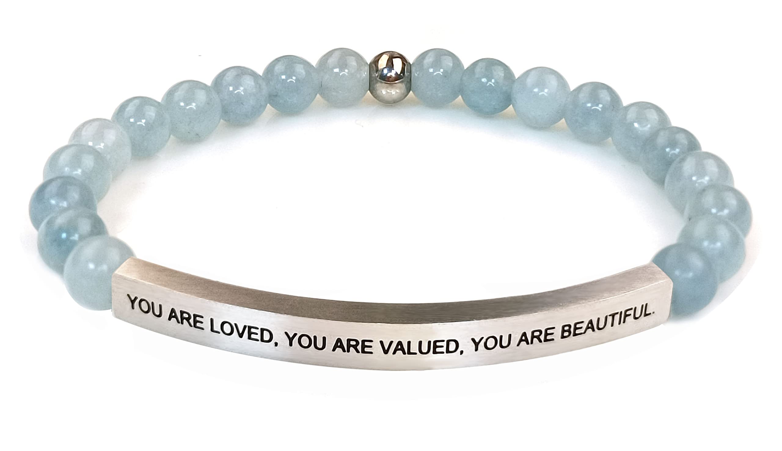 Aquamarine Beads-YOU ARE LOVED YOU ARE VALUED YOU ARE BEAUTIFUL- Faith Motivated Messages Engraved Stainless Steel Bar Beaded Inspirational Bracelets,Gifts for Women Men Girls Boys Mother Daughter Friends,Birthday Present. (silver-Aquamarine-YOU ARE LOVED