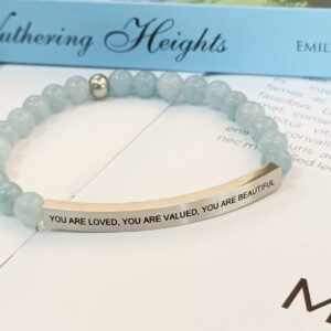 Aquamarine Beads-YOU ARE LOVED YOU ARE VALUED YOU ARE BEAUTIFUL- Faith Motivated Messages Engraved Stainless Steel Bar Beaded Inspirational Bracelets,Gifts for Women Men Girls Boys Mother Daughter Friends,Birthday Present. (silver-Aquamarine-YOU ARE LOVED