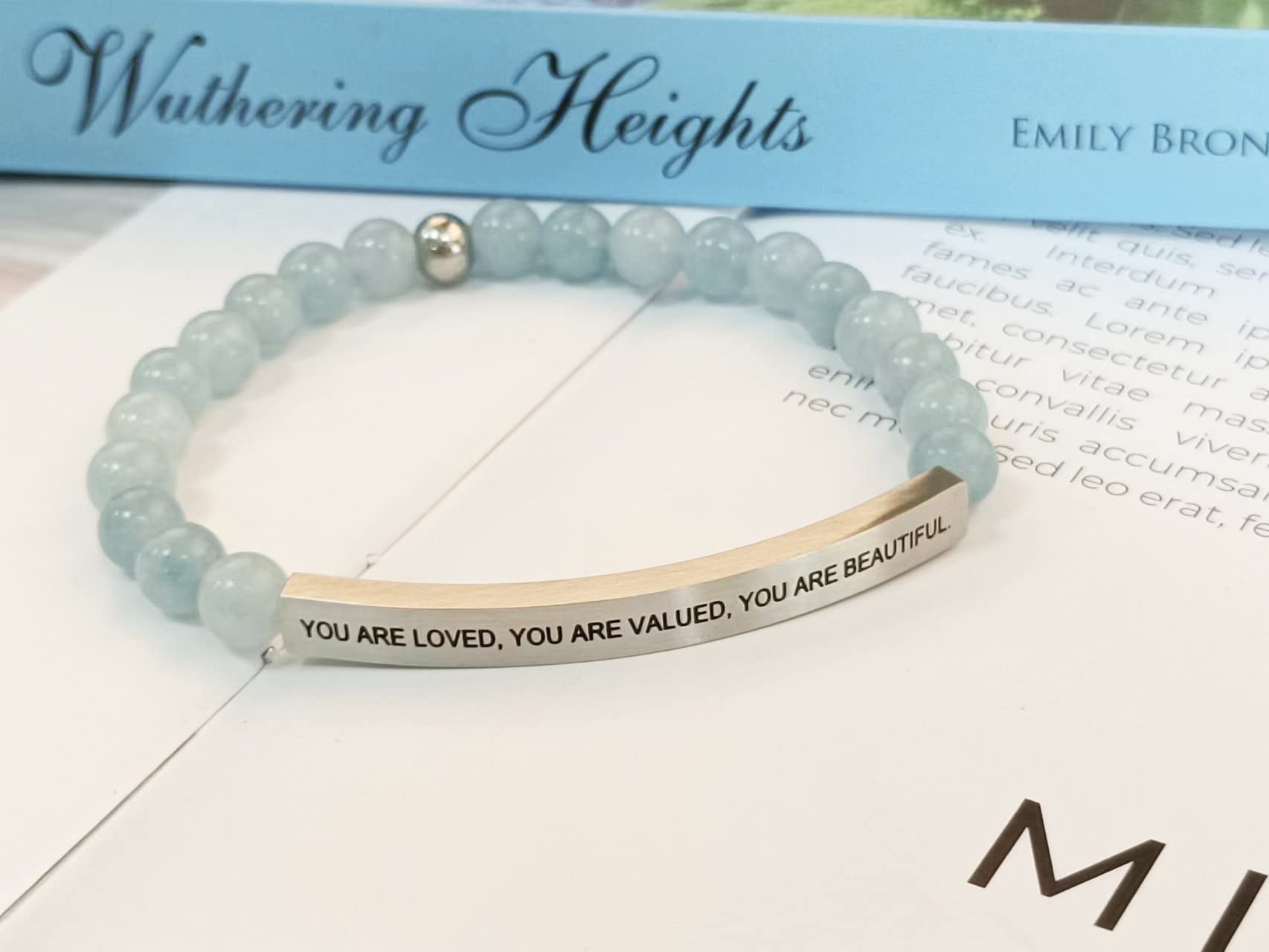 Aquamarine Beads-YOU ARE LOVED YOU ARE VALUED YOU ARE BEAUTIFUL- Faith Motivated Messages Engraved Stainless Steel Bar Beaded Inspirational Bracelets,Gifts for Women Men Girls Boys Mother Daughter Friends,Birthday Present. (silver-Aquamarine-YOU ARE LOVED