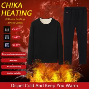 Heated Thermal Underwear Top + Heated Pant for Women Men Couple USB Charging 18 Area Heating 2 Pieces Homewear(Black,Medium)