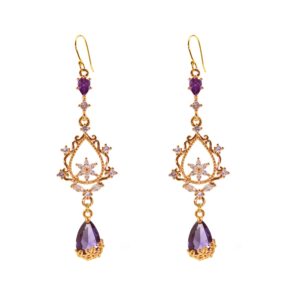 MOMOCAT 18K Gold Plated Purple Amethyst Crystals Flower Long Big Hoop Dangle Earrings Baroque Style Unique Costume Earrings Dangling Fashion Cute Jewelry for Women Teen Girls