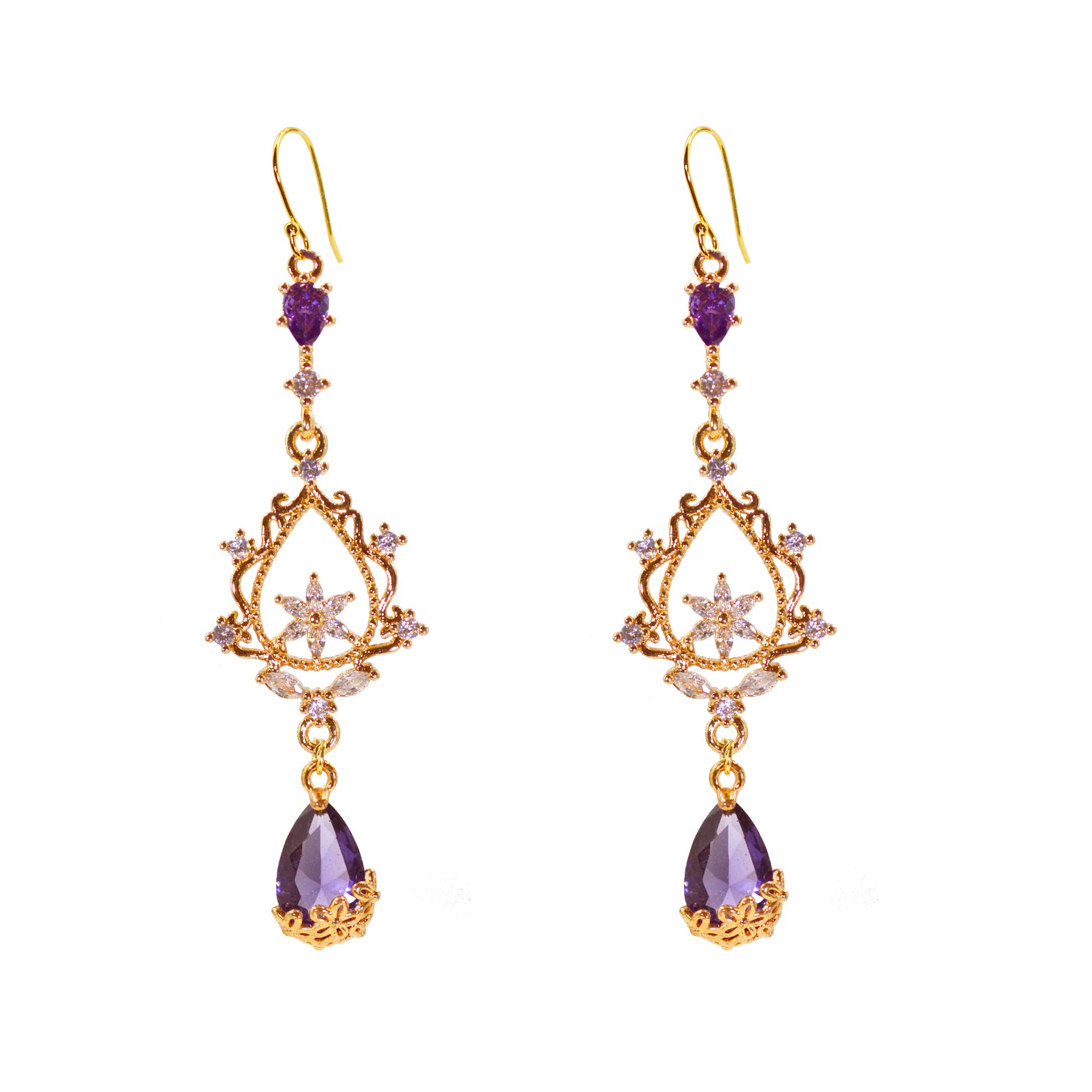 MOMOCAT 18K Gold Plated Purple Amethyst Crystals Flower Long Big Hoop Dangle Earrings Baroque Style Unique Costume Earrings Dangling Fashion Cute Jewelry for Women Teen Girls