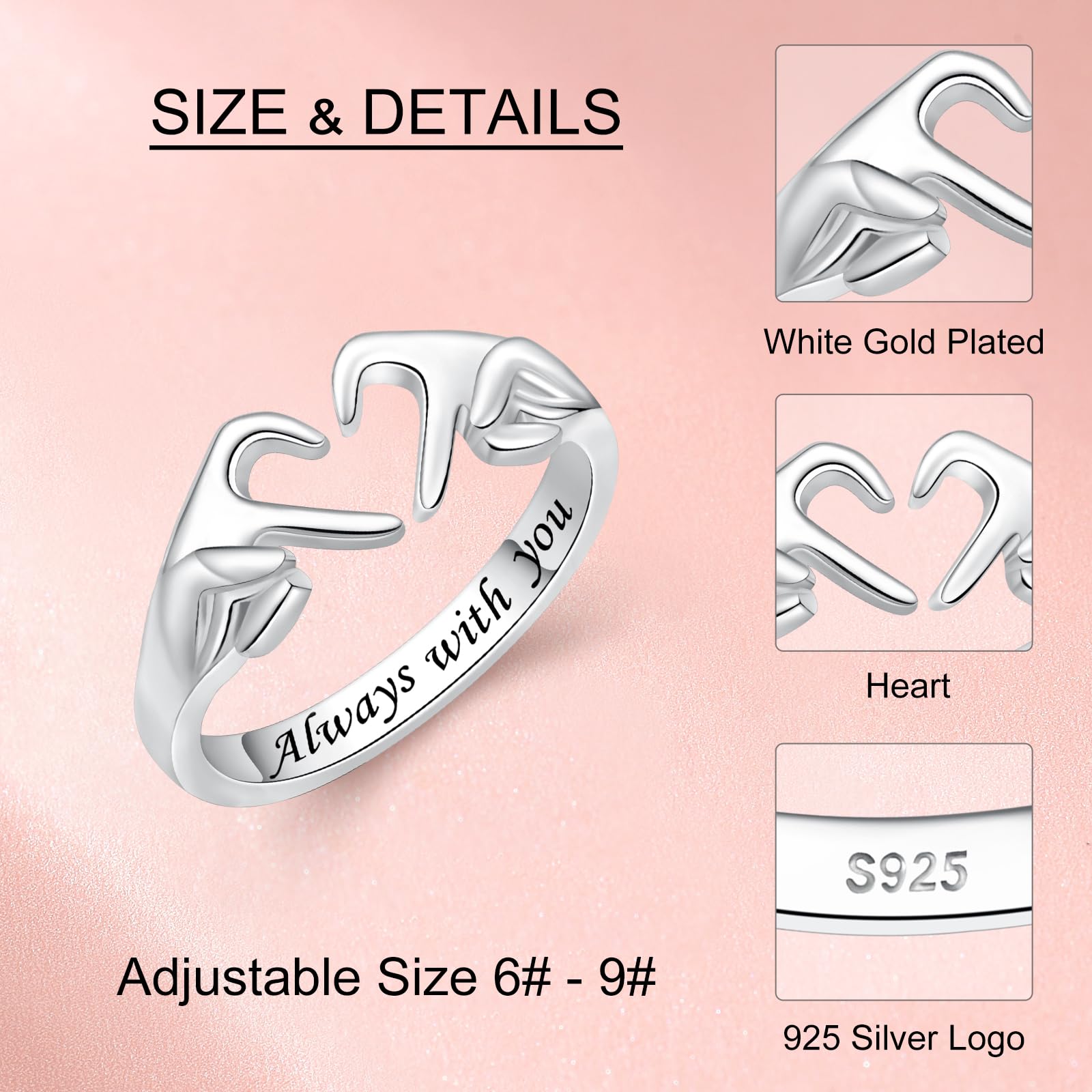 925 Sterling Silver Heart Claddagh Rings for Women Teen Girls, Adjustable White Gold Plated Ring Friendship Promise Love Heart Jewelry Rings Mothers Day Valentines Holiday Gifts for Women Friends,