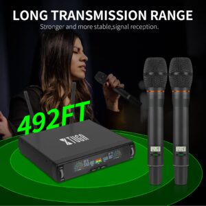 XTUGA U-260 2x100 Channel UHF Wireless Microphone System,Dual Wireless Mics Dynamic Handheld Microphone Adjustable Frequency, Auto Scan, 492ft for Church/Karaoke/Weddings/Events