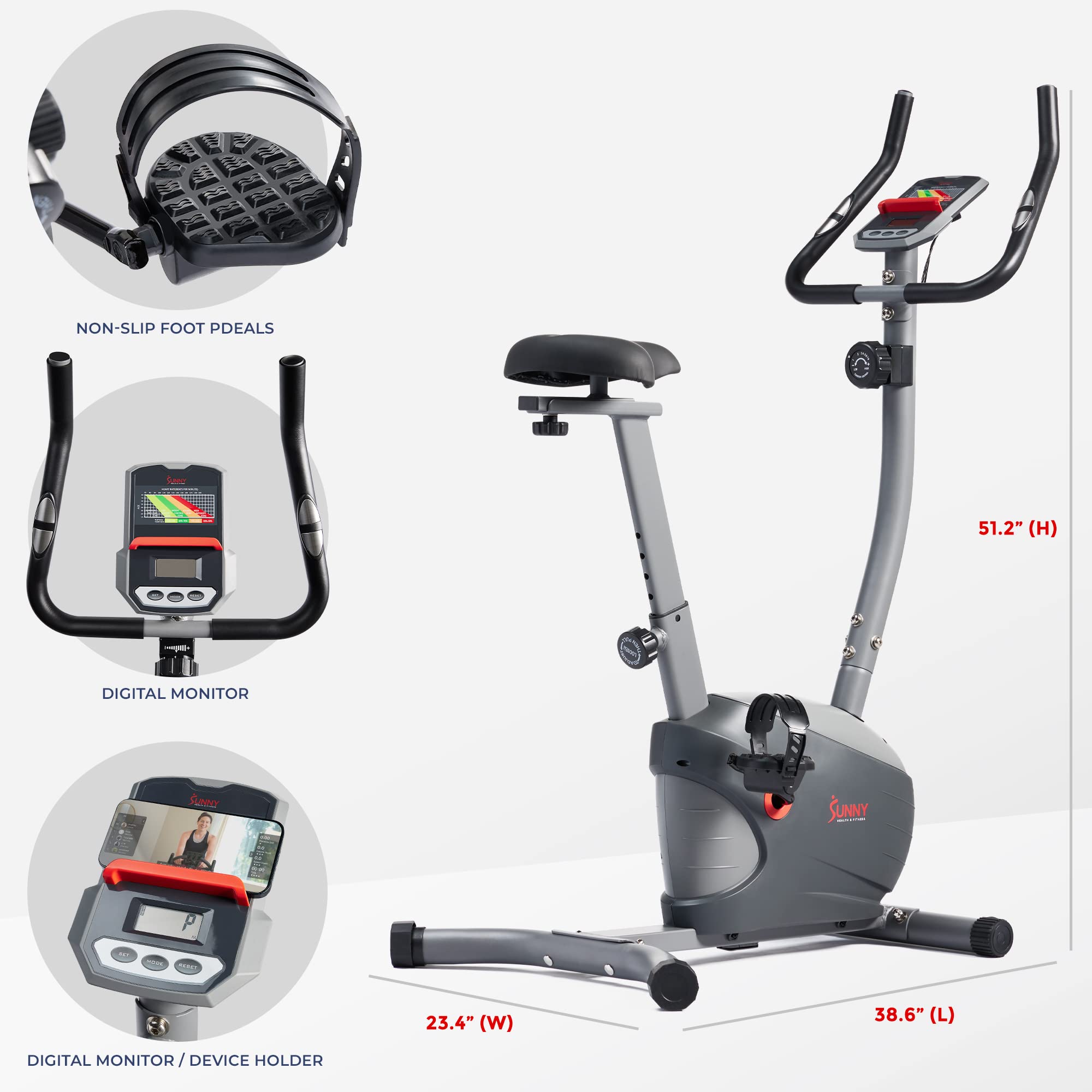 Sunny Health & Fitness Performance Upright Exercise Bike with 8-Level Magnetic Resistance, Pulse Sensor & Exclusive SunnyFit® App Enhanced Bluetooth Connectivity - SF-B220030