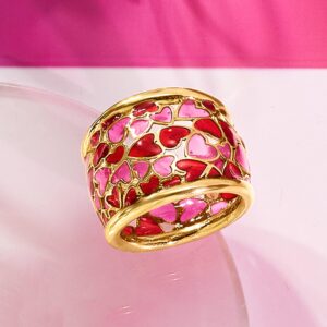 Ross-Simons Italian Red and Pink Enamel Heart Ring in 18kt Gold Over Sterling. Size 7