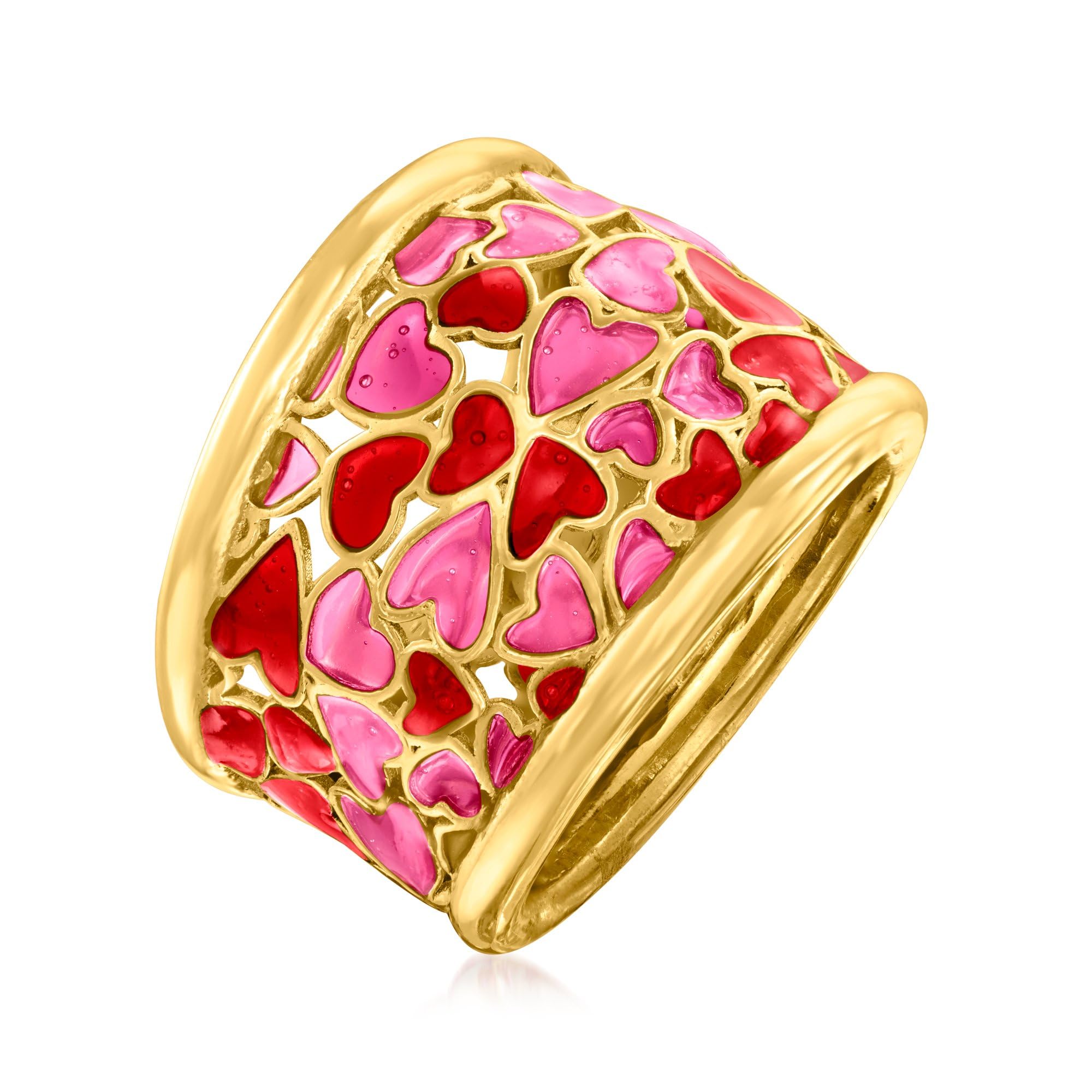 Ross-Simons Italian Red and Pink Enamel Heart Ring in 18kt Gold Over Sterling. Size 7