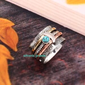 Half Moon spinner Turquoise spinner ring gemstone Sterling silver ring Meditation Spinning ring silver jewelry (11.5)