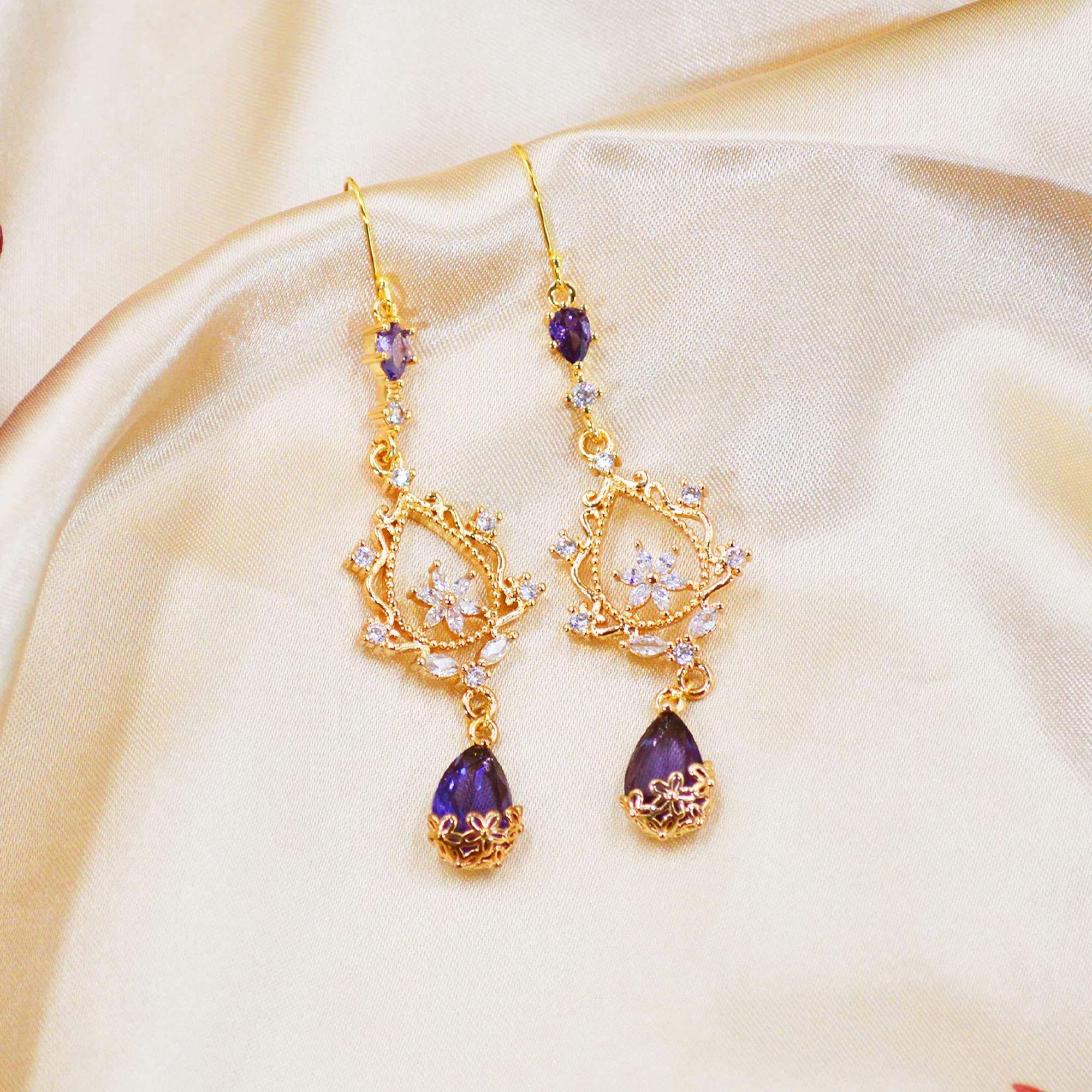 MOMOCAT 18K Gold Plated Purple Amethyst Crystals Flower Long Big Hoop Dangle Earrings Baroque Style Unique Costume Earrings Dangling Fashion Cute Jewelry for Women Teen Girls