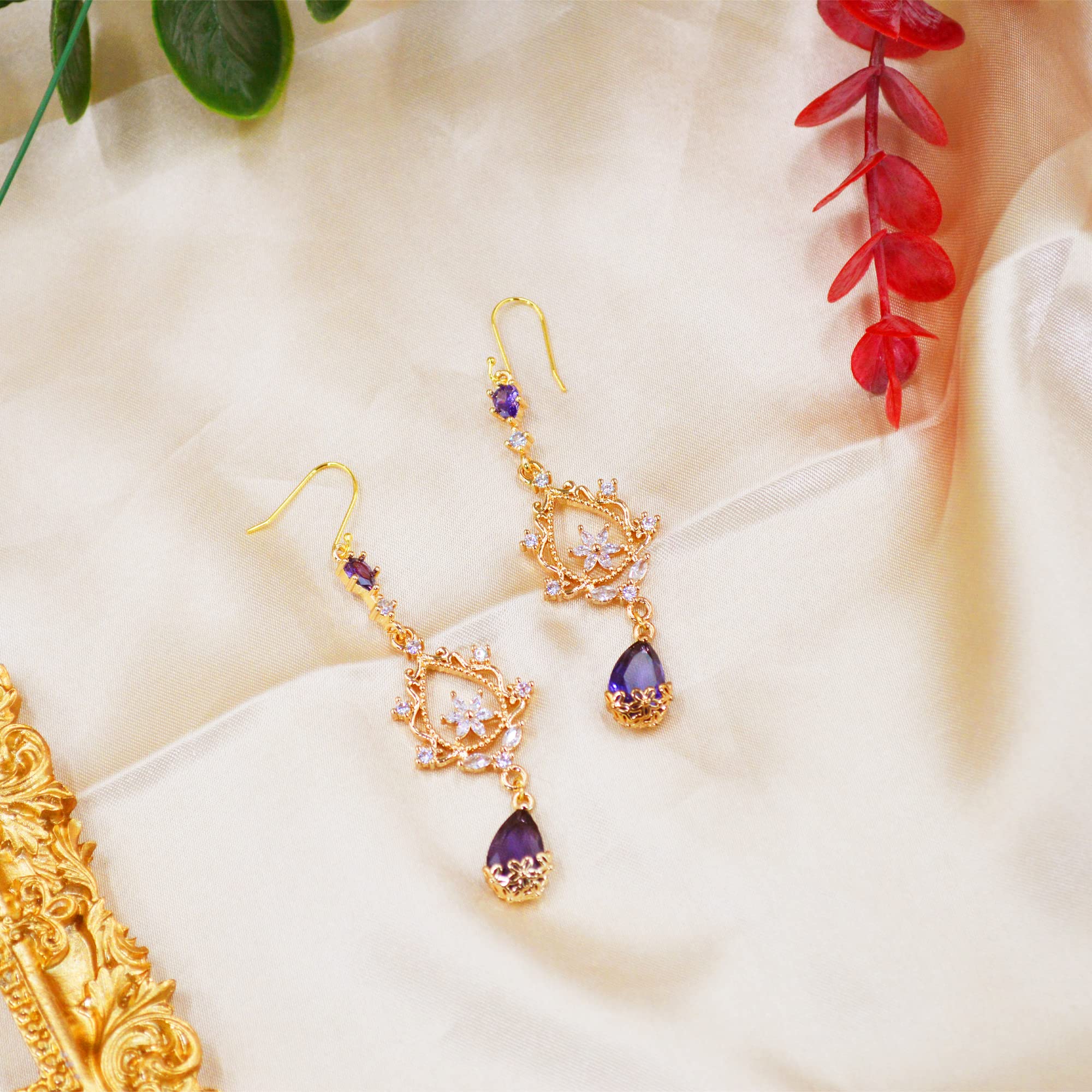 MOMOCAT 18K Gold Plated Purple Amethyst Crystals Flower Long Big Hoop Dangle Earrings Baroque Style Unique Costume Earrings Dangling Fashion Cute Jewelry for Women Teen Girls