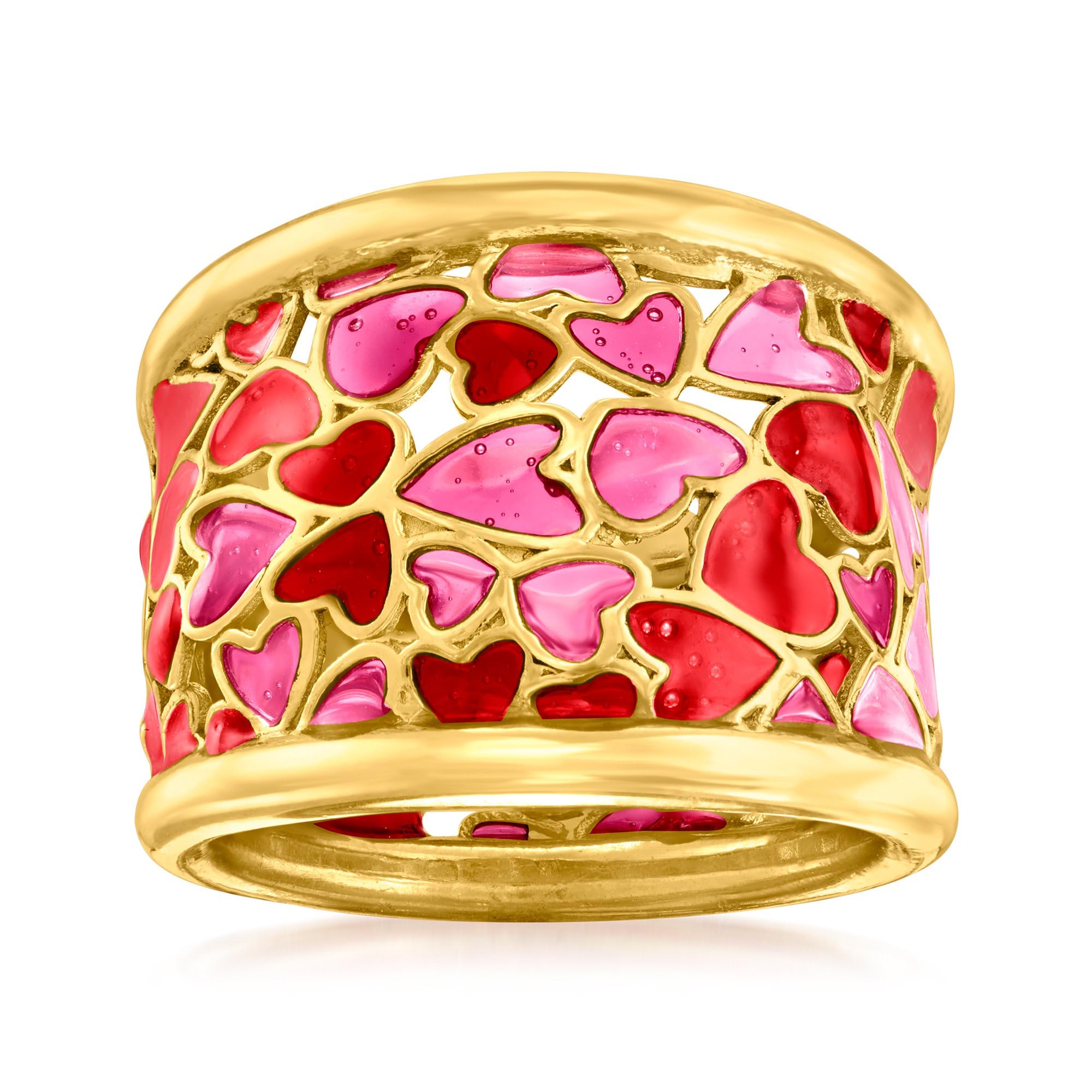 Ross-Simons Italian Red and Pink Enamel Heart Ring in 18kt Gold Over Sterling. Size 7