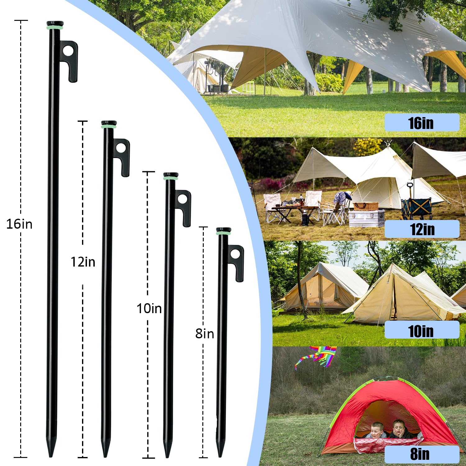 Tialero 8/12/16Pack Tent Stake with Hammer, 8/10/12/16in Heavy Duty Tent Stakes + 10in Tent Stakes Hammer+Storage Pouch, Forged Steel Tent Stakes Used on Rocks (12 Pack 10in Tent Stakes+Hammer)