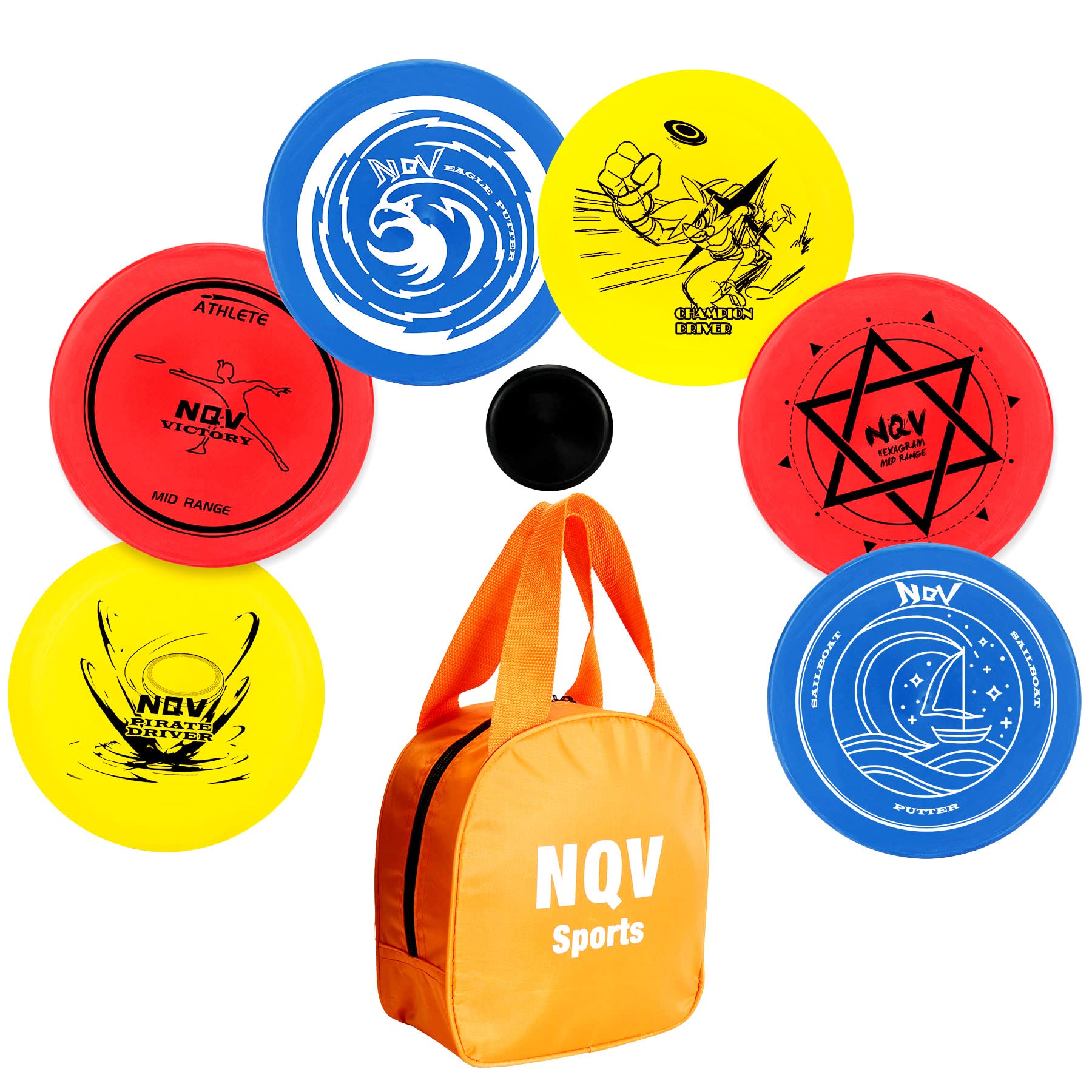 NQV Disc Golf Se with Bag,Disc Golf Beginner Set,6 Pack Flying Discs with Putters Drivers Mid Ranges+1 Black Disc Golf Bag, Disc Portable Outdoor Indoor Beginner Kid Aged6+Adults