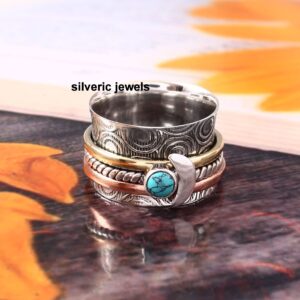 Half Moon spinner Turquoise spinner ring gemstone Sterling silver ring Meditation Spinning ring silver jewelry (11.5)