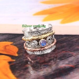 Infinity Design 925 Sterling Silver Spin Spinner Ring Rainbow Moonstone Gemstone Ring Meditation Jewelry (6)