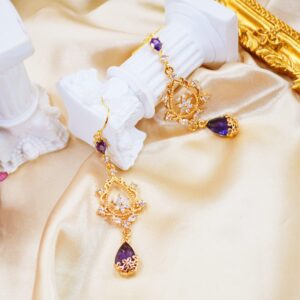 MOMOCAT 18K Gold Plated Purple Amethyst Crystals Flower Long Big Hoop Dangle Earrings Baroque Style Unique Costume Earrings Dangling Fashion Cute Jewelry for Women Teen Girls