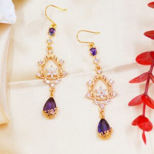 MOMOCAT 18K Gold Plated Purple Amethyst Crystals Flower Long Big Hoop Dangle Earrings Baroque Style Unique Costume Earrings Dangling Fashion Cute Jewelry for Women Teen Girls