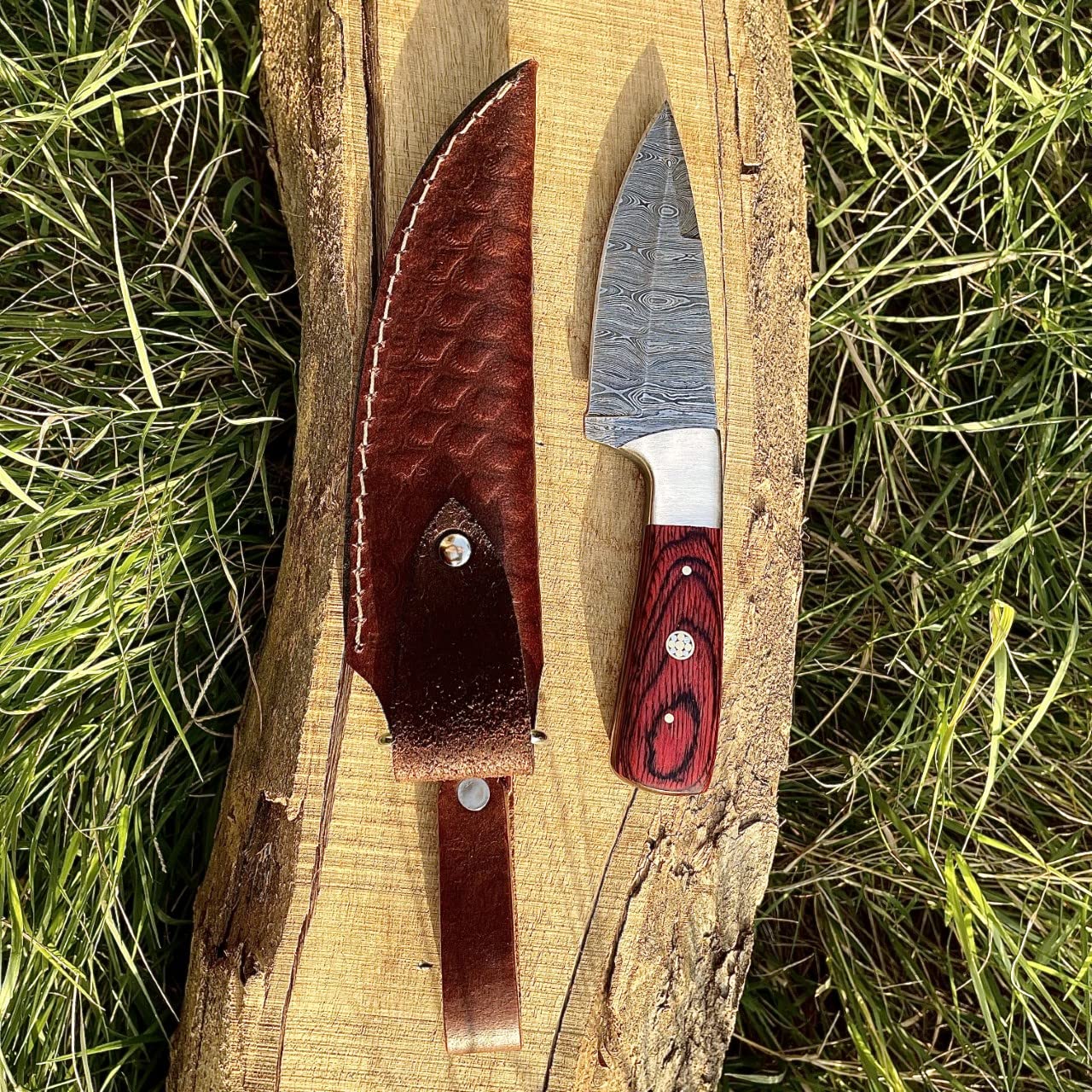 W TRADING Handmade Damascus Steel Hunting Knife Survival Fixed Blade Knife with Red Pukka Wood-Damascus Steel Blade Skinning Camping Knives For men and women With Leather Sheath