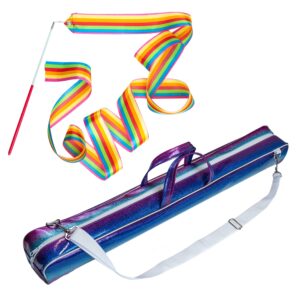 talltoise twirling baton bag case with shoulder strap - 30 inch (78cm) rainbow sparkle case for majorette marching band, gymnastics carry bag - complete with rainbow dance ribbon streamer