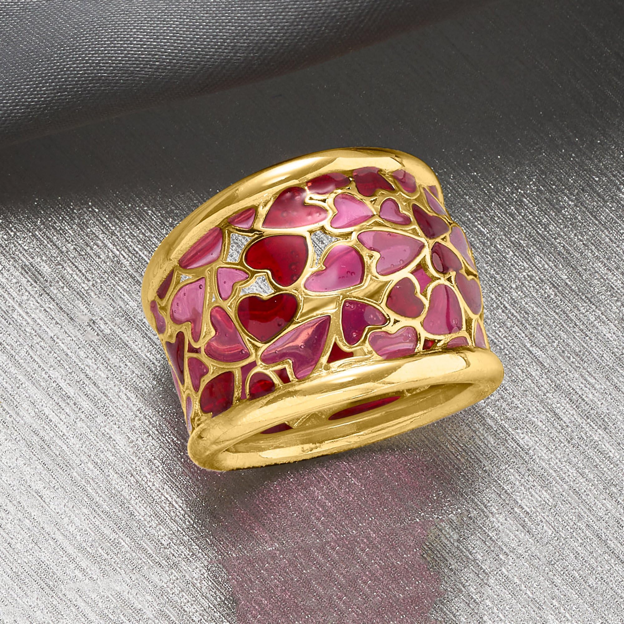 Ross-Simons Italian Red and Pink Enamel Heart Ring in 18kt Gold Over Sterling. Size 7