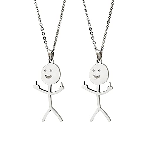 Stainless Steel Funny Doodle Necklace - Personalized Smiley Middle Finger Pendant Necklace, Unique Handmade Necklace Long Distance Friendship Jewelry Gift for Men Women (2pcs Silver)