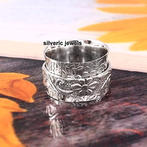 Floral Textured Spinner ring Meditation Silver ring Fidget wide band Organic Silver jewelry gift for her (8)