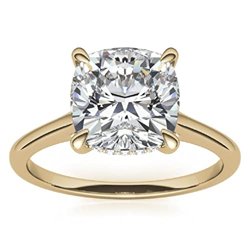 10K Solid Yellow Gold Handmade Engagement Rings, 3 CT Cushion Cut Moissanite Diamond Solitaire Wedding/Bridal Rings for Her/Women, Minimalist Ring Anniversary Ring For Gift (4.5)