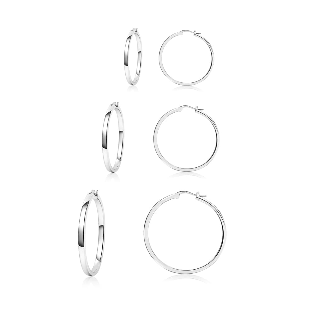 PABBEU Sterling Silver Hoop Earrings - 3 Pairs in 20mm, 30mm, 40mm - Lightweight and Hypoallergenic for Women