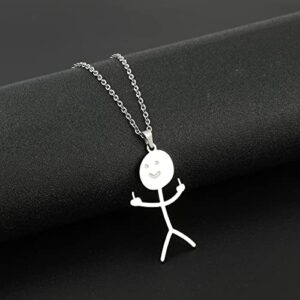 Stainless Steel Funny Doodle Necklace - Personalized Smiley Middle Finger Pendant Necklace, Unique Handmade Necklace Long Distance Friendship Jewelry Gift for Men Women (2pcs Silver)