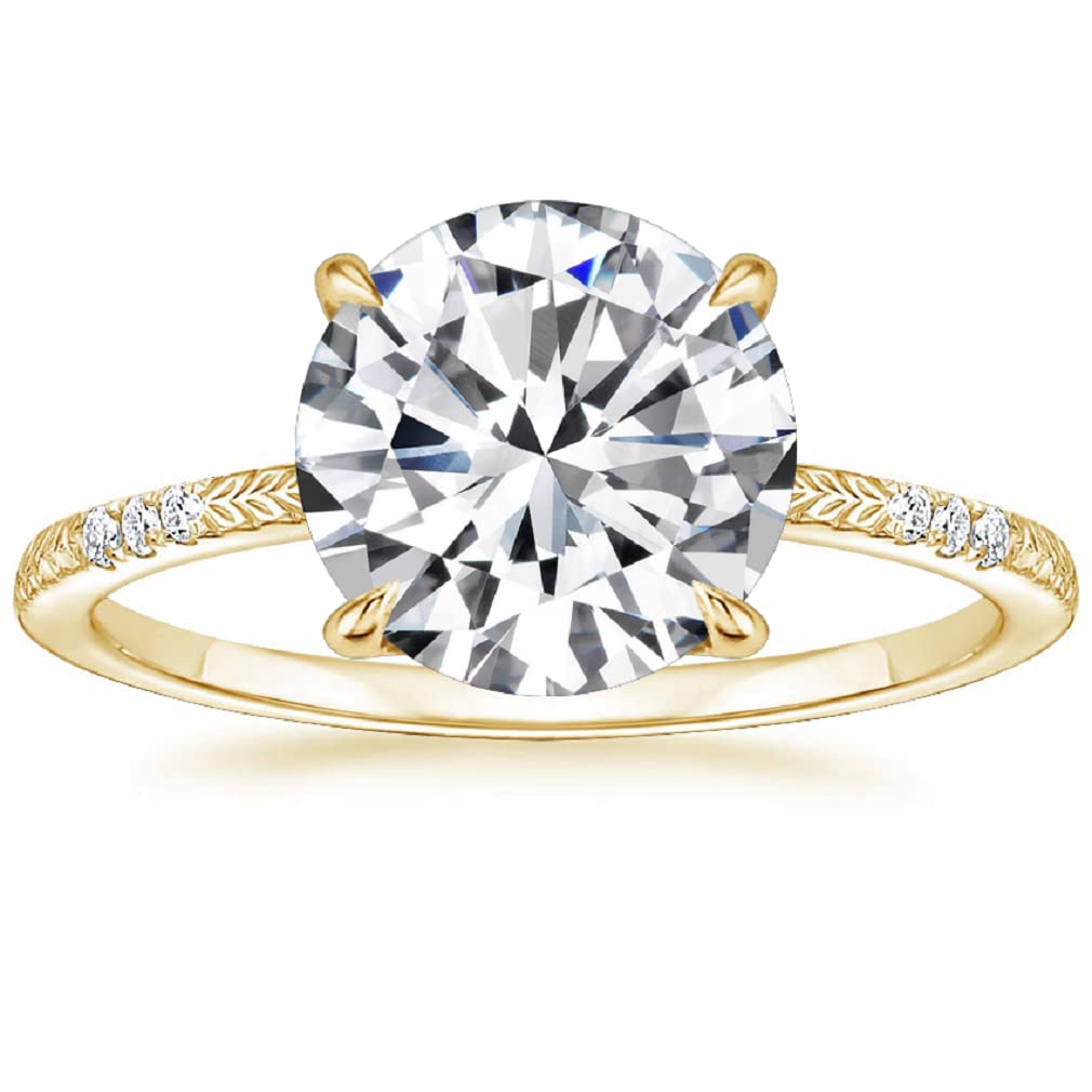 10K Solid Yellow Gold Handmade Engagement Ring 3.0 CT Round Cut Moissanite Diamond Solitaire Wedding/Bridal Ring Set for Women/Her Propose Ring (5.5)