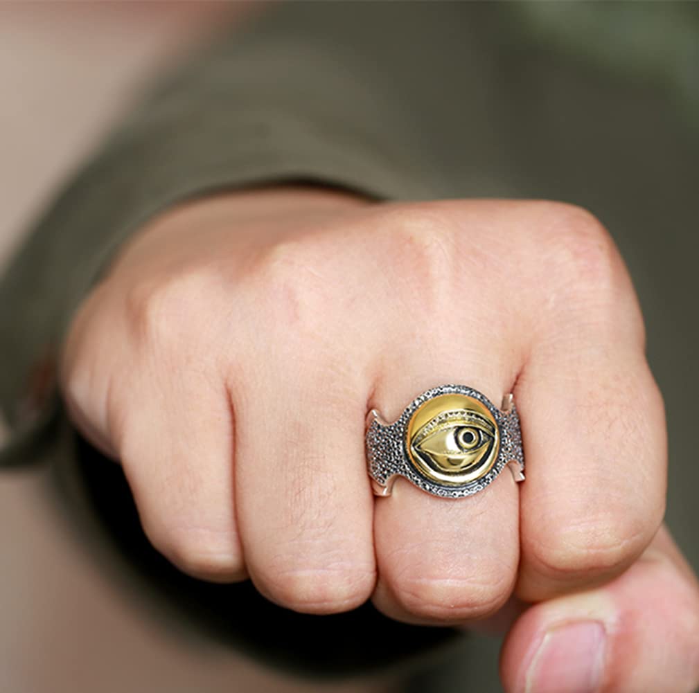 Open All Seeing Eye of God Ring for Men, Adjustable Vintage Crossbones Geometry Silver Engraved Golden Eye of God Ring, Personalized All Seeing Ring Friendship Christmas Jewelry Gifts for Men Women