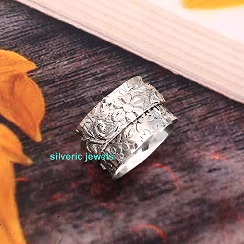 Floral Textured Spinner ring Meditation Silver ring Fidget wide band Organic Silver jewelry gift for her (8)