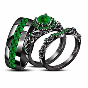 triostar round cut green emerald engagement wedding trio ring set for him & her 14k black gold plated 925 silver women's size 4 & men's size 7